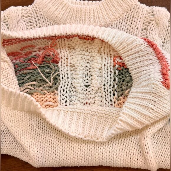 Vintage 90’s Y2K Hand Knit Cream Pink & Green Cabincore Cottagecore Sweater Sz M - Picture 7 of 8